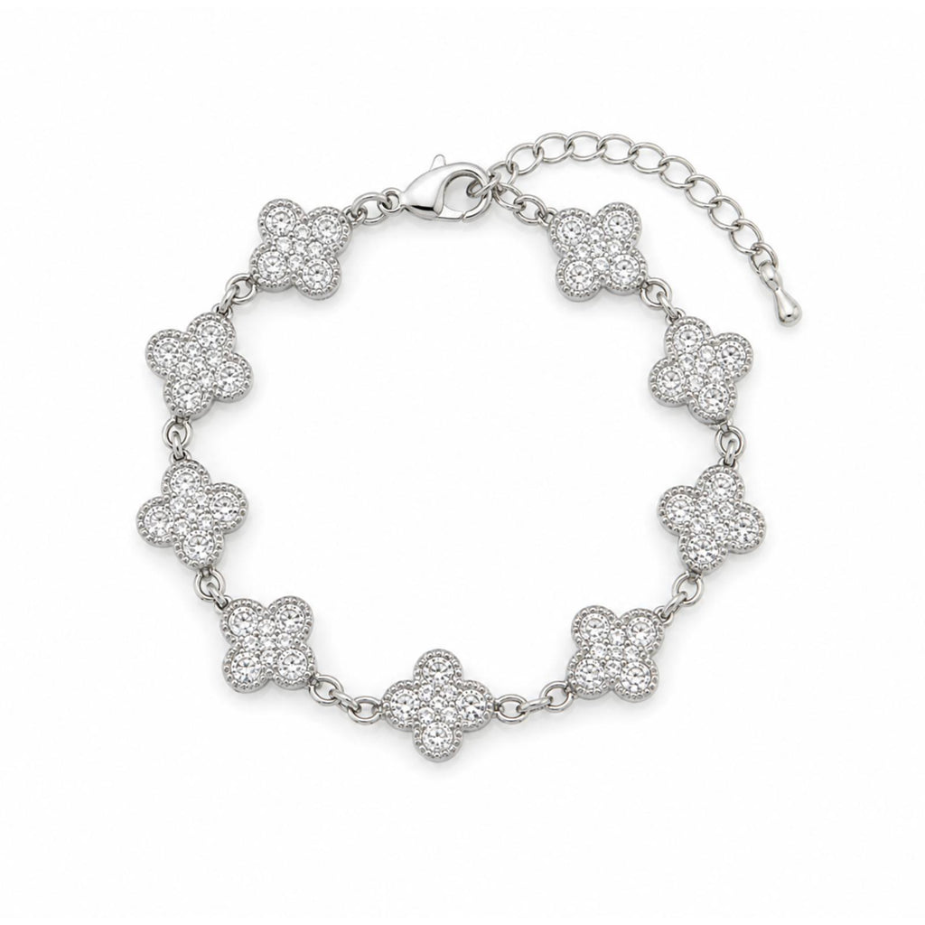 Vera Luce Silver Stainless Steel Clover Charm Bracelet with Cubic Zirconia