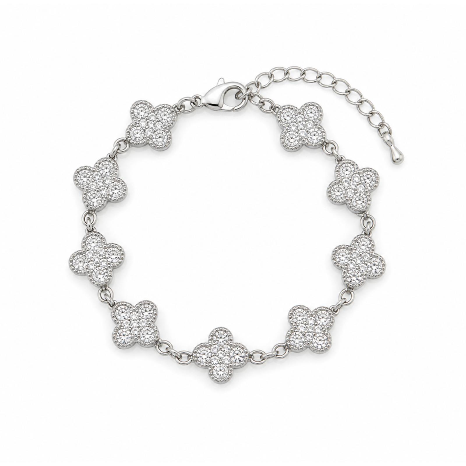Vera Luce Silver Stainless Steel Clover Charm Bracelet with Cubic Zirconia