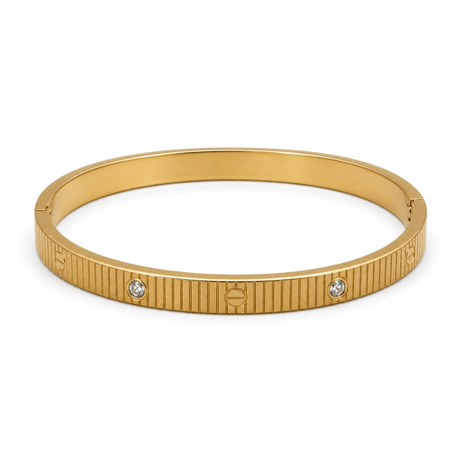 Vera Luce Ribbed Screw-Style Gold Stainless Steel Bangle with Cubic Zirconia