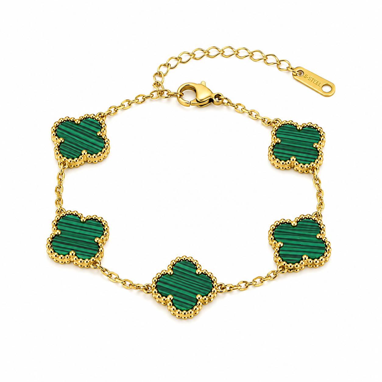 Vera Luce Gold Stainless Steel Green Clover Charm Bracelet
