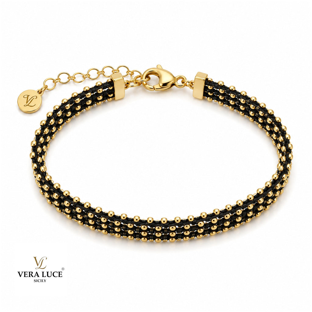 Vera Luce Hand Made in Italy 925 Sterling Silver Black & Gold Beaded Bracelet