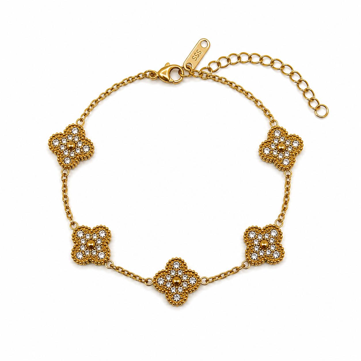Vera Luce Gold Stainless Steel Clover Charm Bracelet with Cubic Zirconia