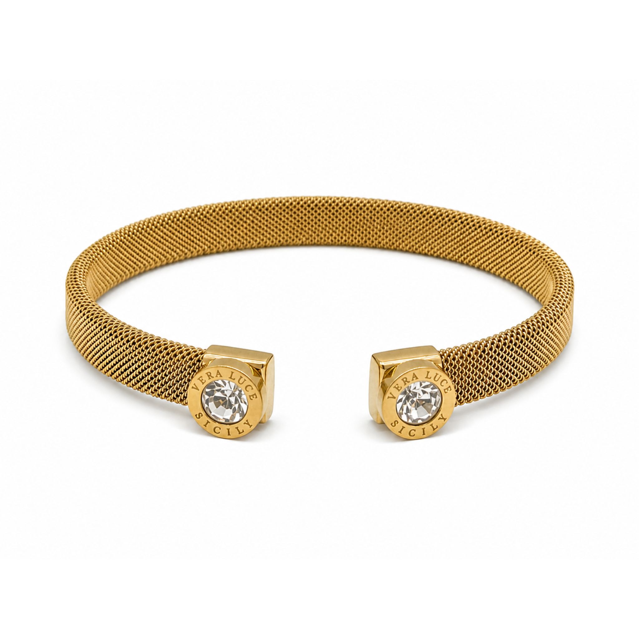 Vera Luce Gold Mesh Stainless Steel Cuff with Cubic Zirconia