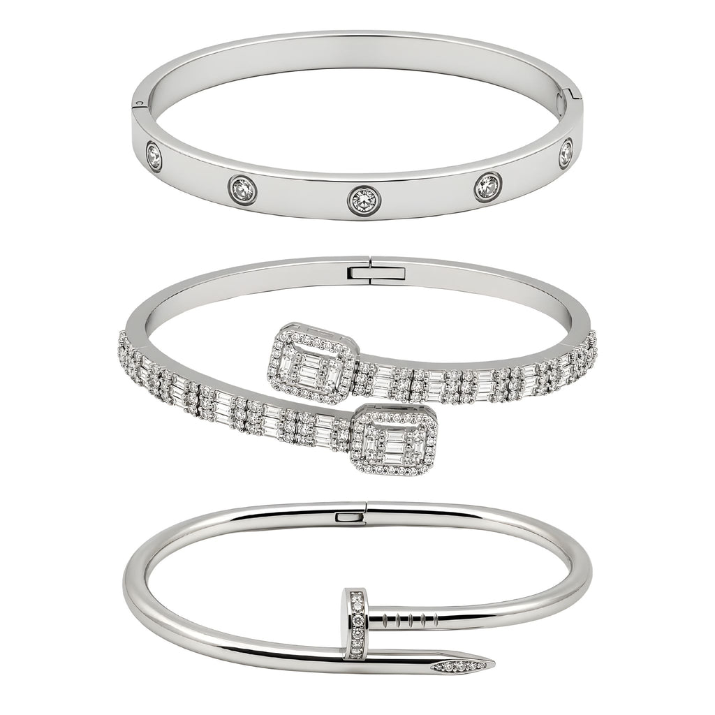 Vera Luce Silver Stainless Steel Three-Piece Bracelet Stack with Cubic Zirconia