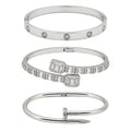 Vera Luce Silver Stainless Steel Three-Piece Bracelet Stack with Cubic Zirconia