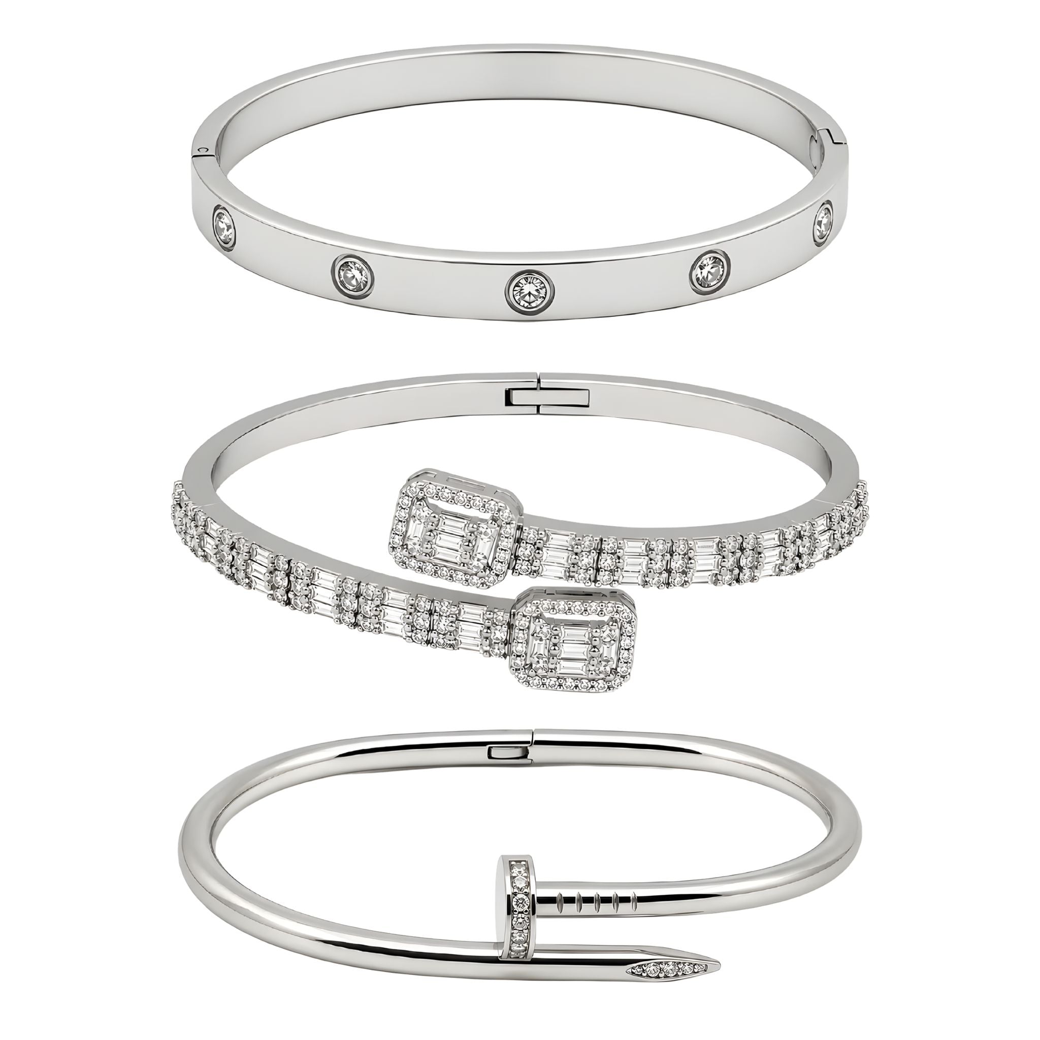 Vera Luce Silver Stainless Steel Three-Piece Bracelet Stack with Cubic Zirconia