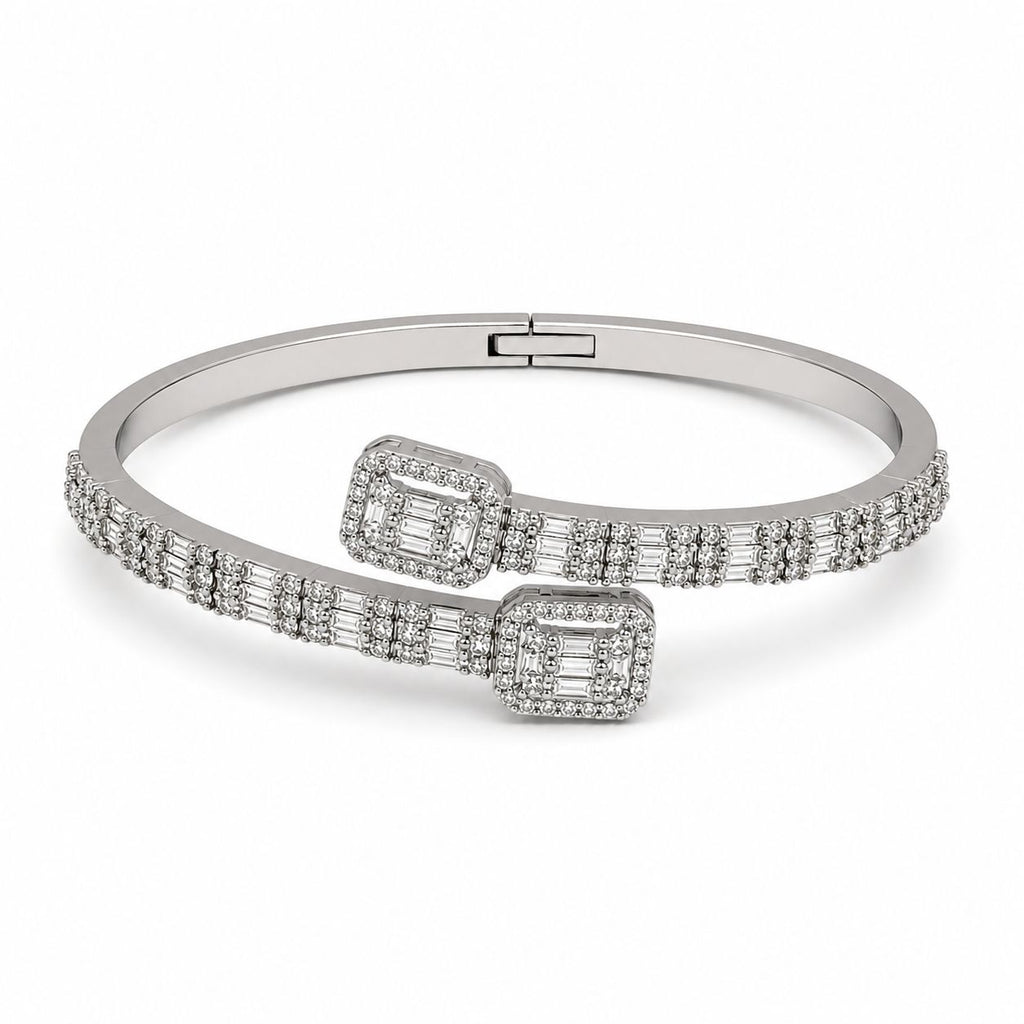 Vera Luce Silver Stainless Steel Open Cuff Bracelet with Cubic Zirconia