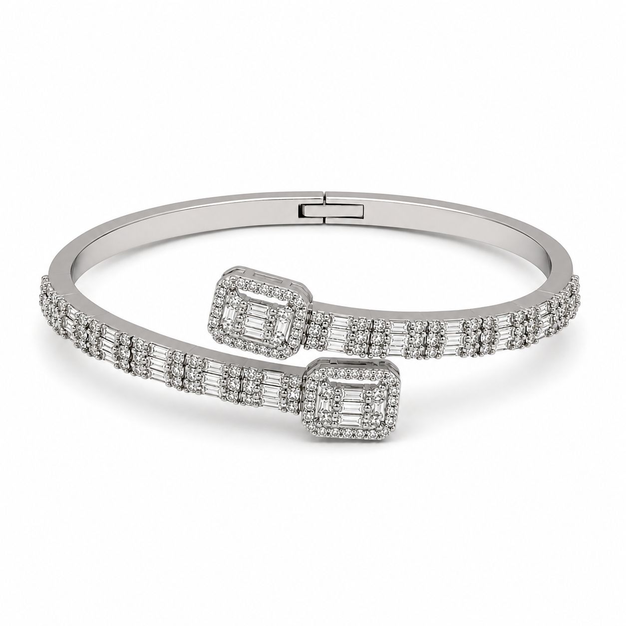 Vera Luce Silver Stainless Steel Open Cuff Bracelet with Cubic Zirconia