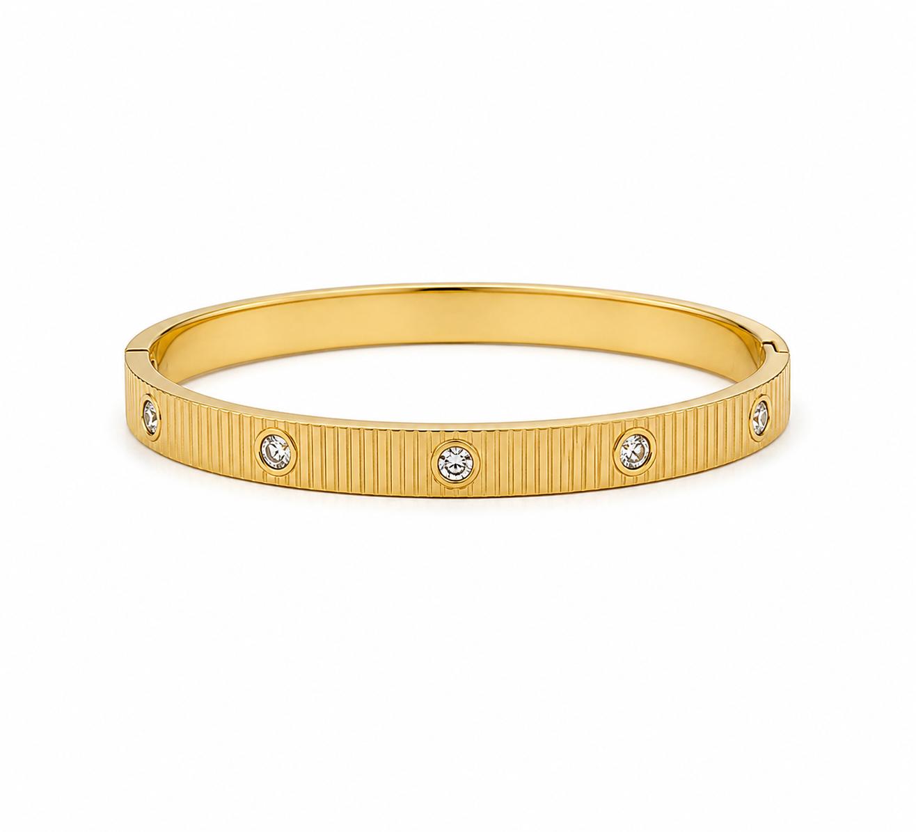 Vera Luce Ribbed Gold Stainless Steel Bracelet with CZ Embellishment