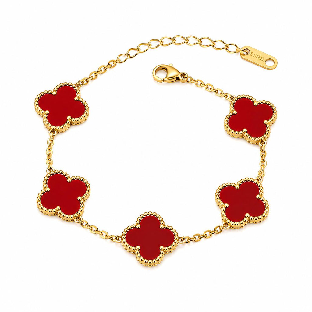 Vera Luce Gold Stainless Steel Red Clover Charm Bracelet