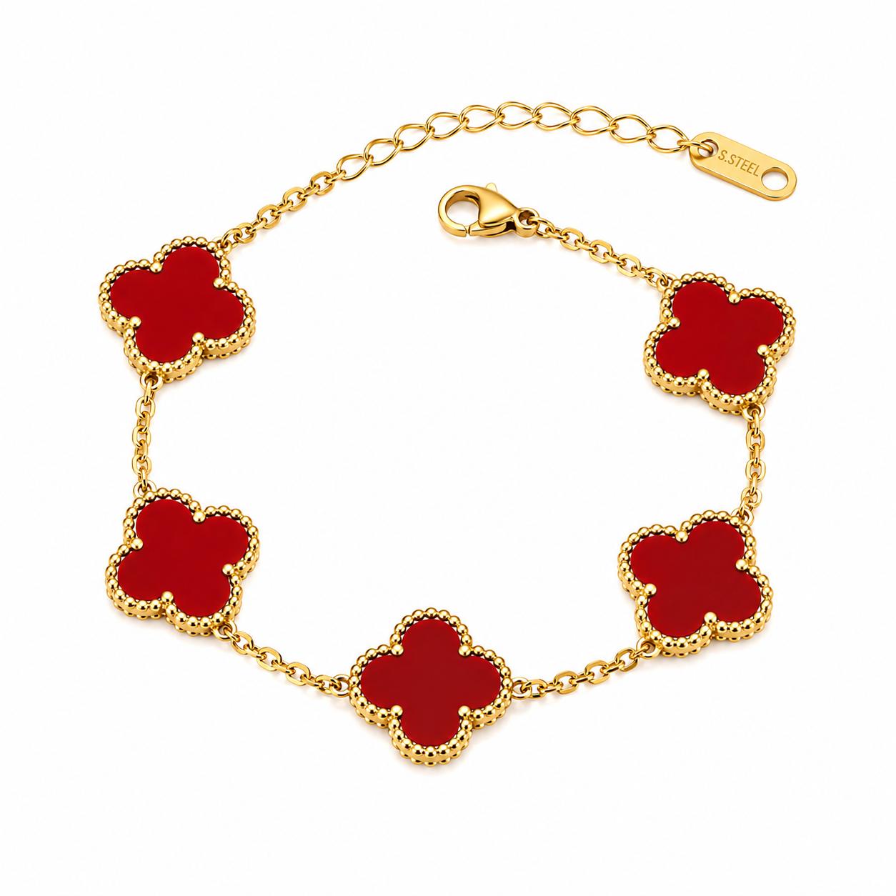 Vera Luce Gold Stainless Steel Red Clover Charm Bracelet