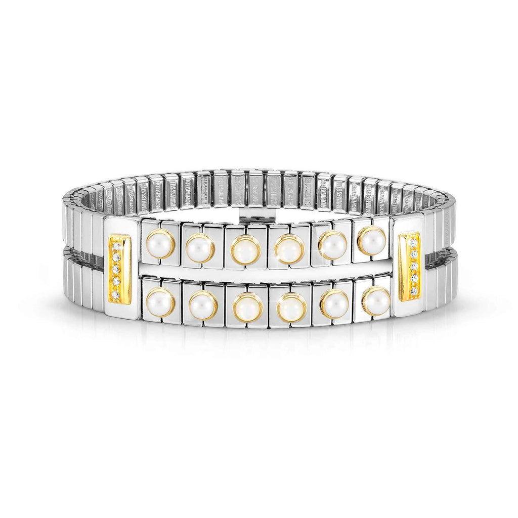 XTE BRACELET IN STEEL, 18K GOLD, 12 STONES AND CZ WHITE PEARL
