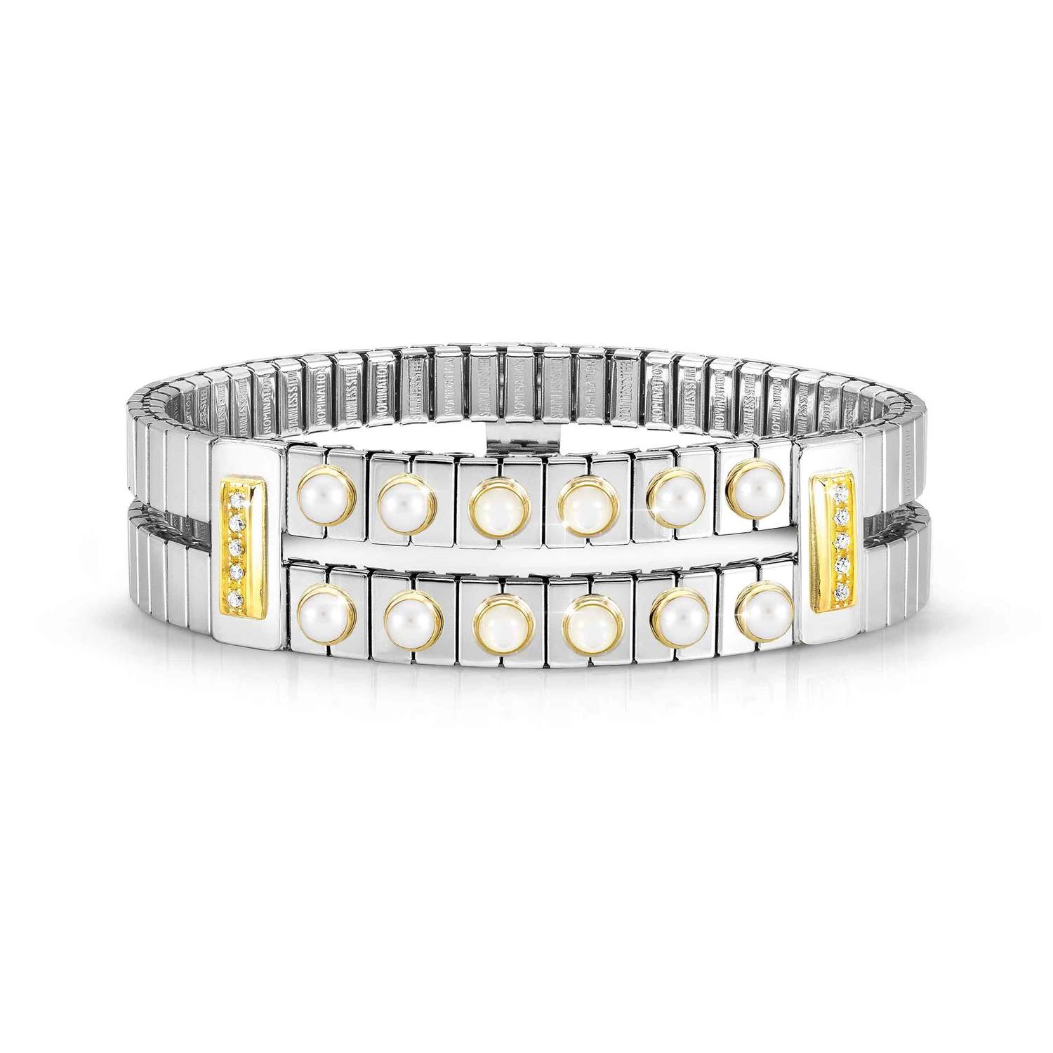 XTE BRACELET IN STEEL, 18K GOLD, 12 STONES AND CZ WHITE PEARL