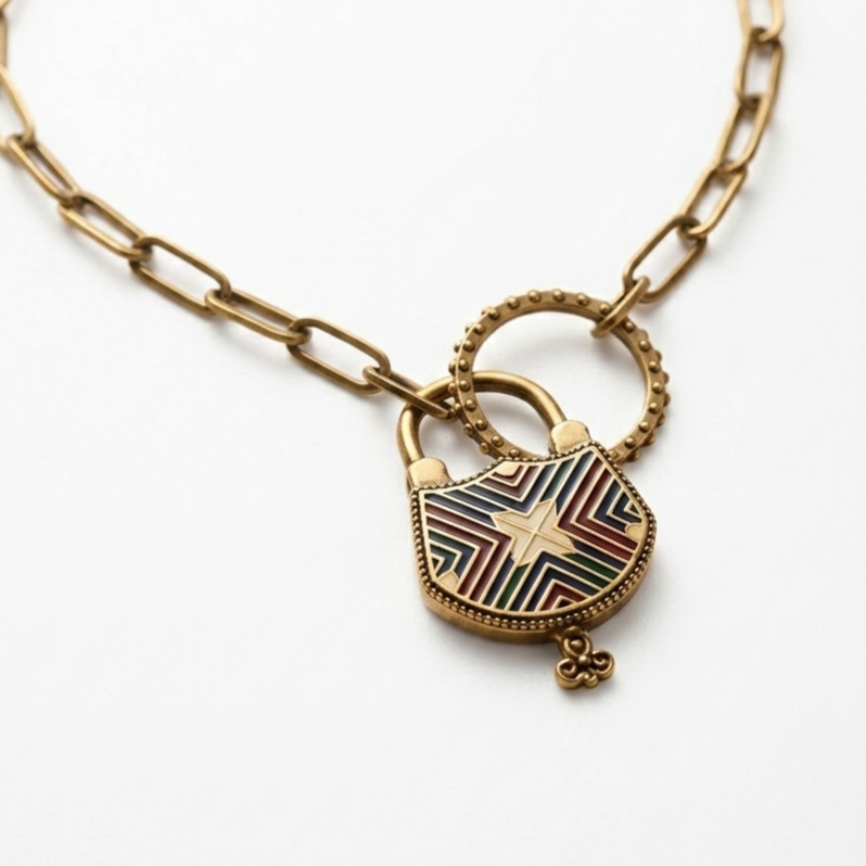 STRIPED LOCK WITH ENAMEL NECKLACE