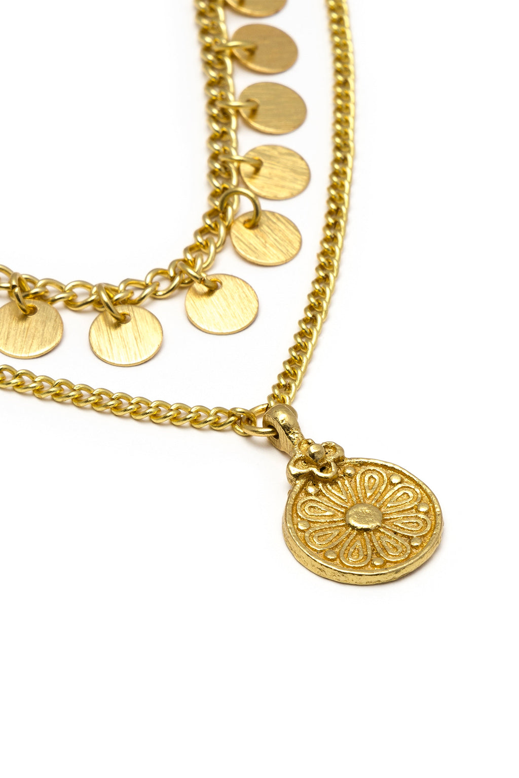TWO CHAIN COIN/FLOWER NECKLACE