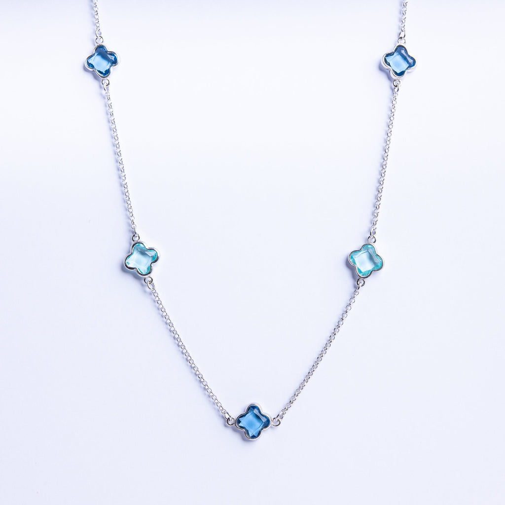 Sterling Silver Necklace with Light Blue Quartz Clover Stones