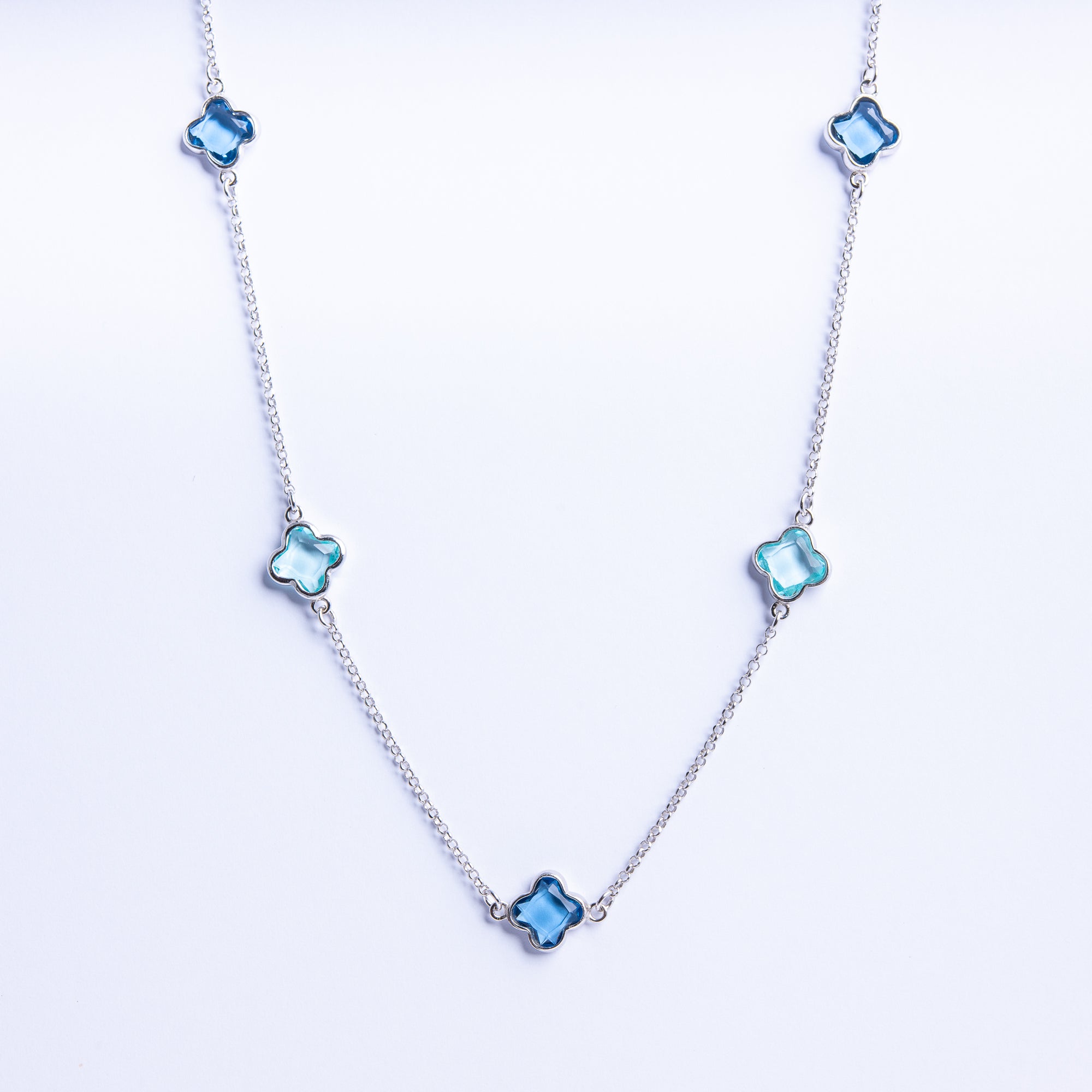 Sterling Silver Necklace with Light Blue Quartz Clover Stones