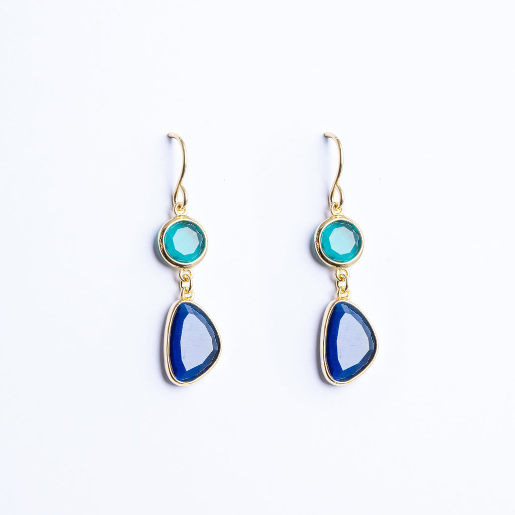 Double Drop Earrings with Green and Sapphire-Blue Quartz