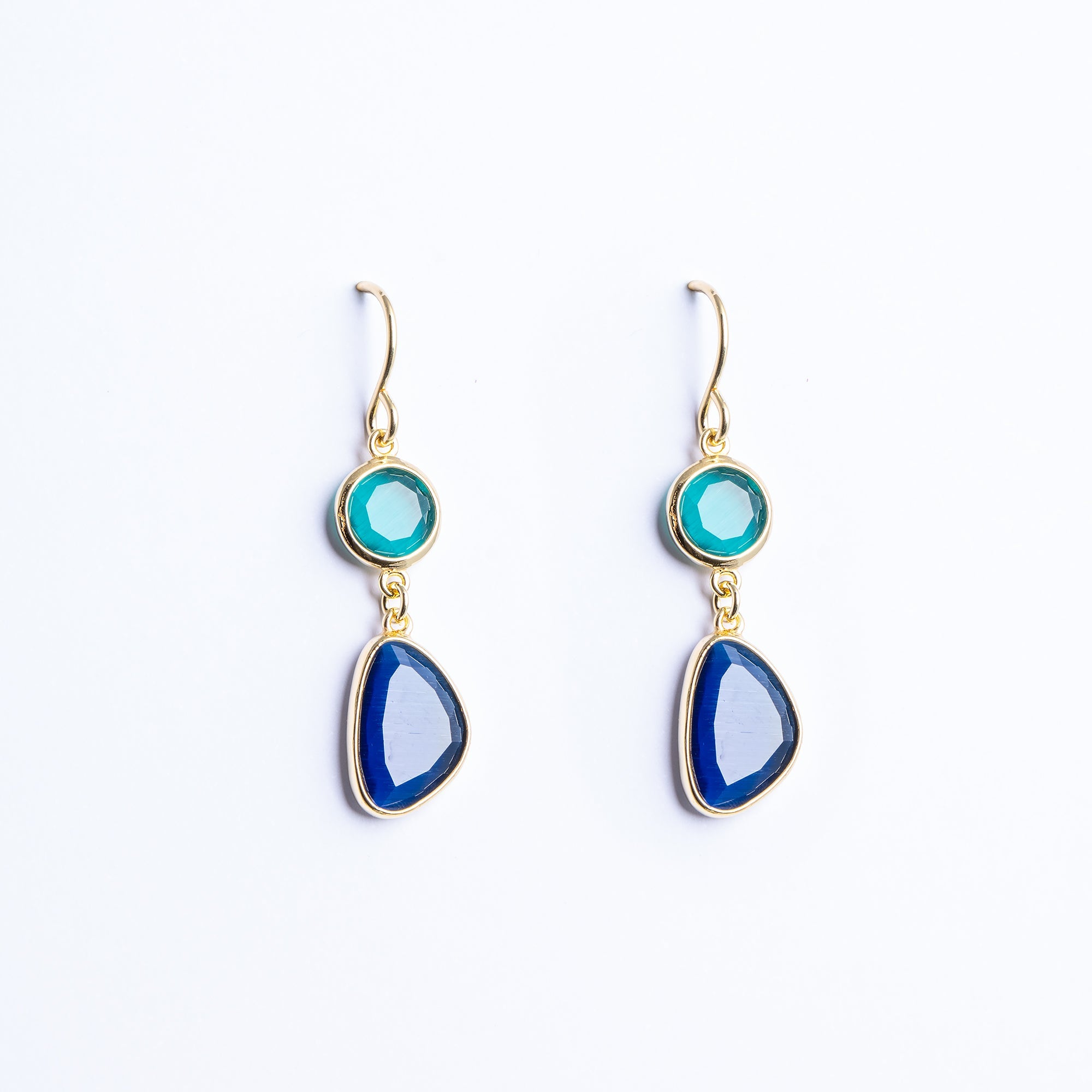 Double Drop Earrings with Green and Sapphire-Blue Quartz