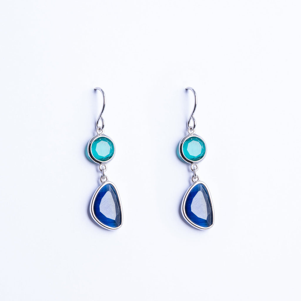 Double Drop Earrings with Green and Sapphire-Blue Quartz