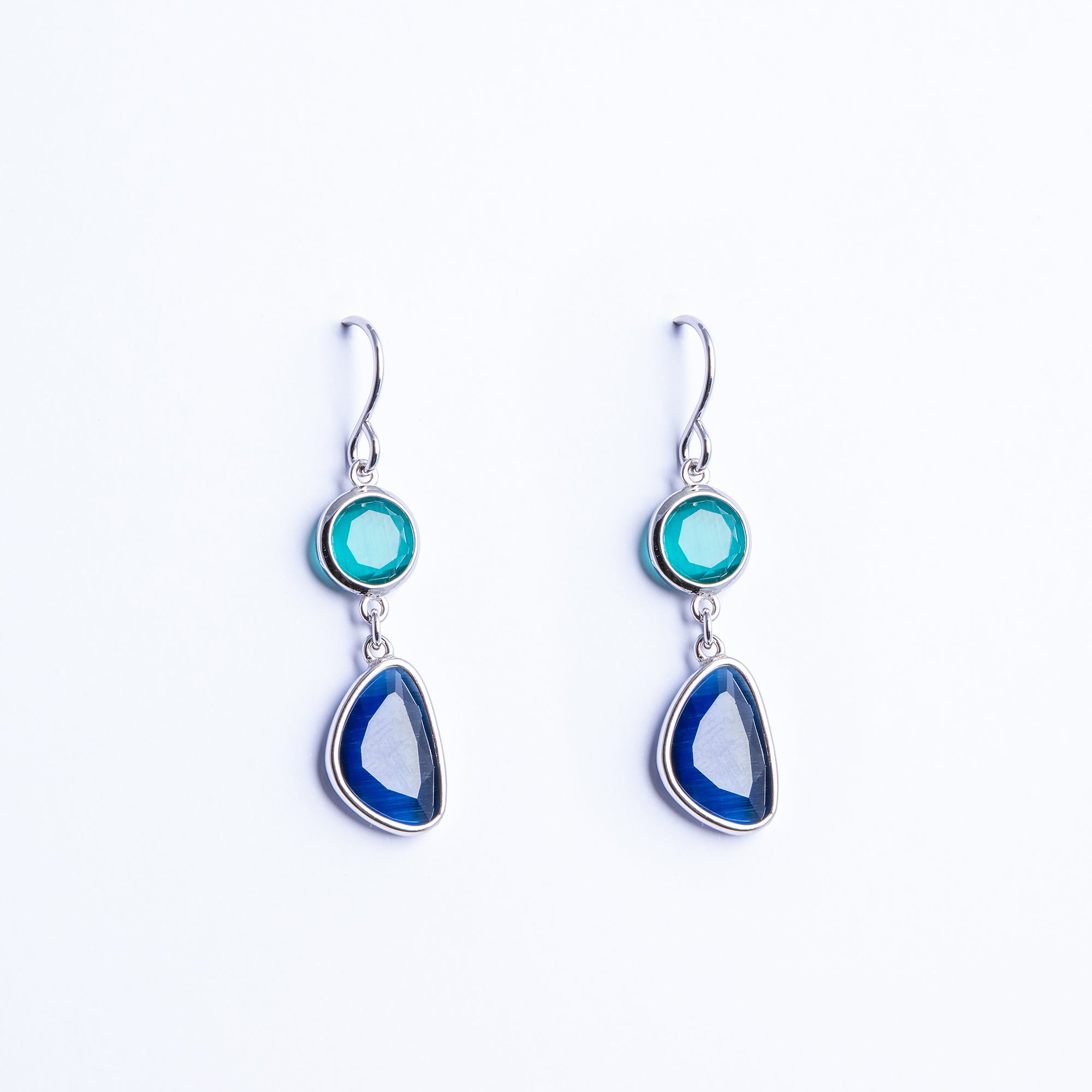 Double Drop Earrings with Green and Sapphire-Blue Quartz