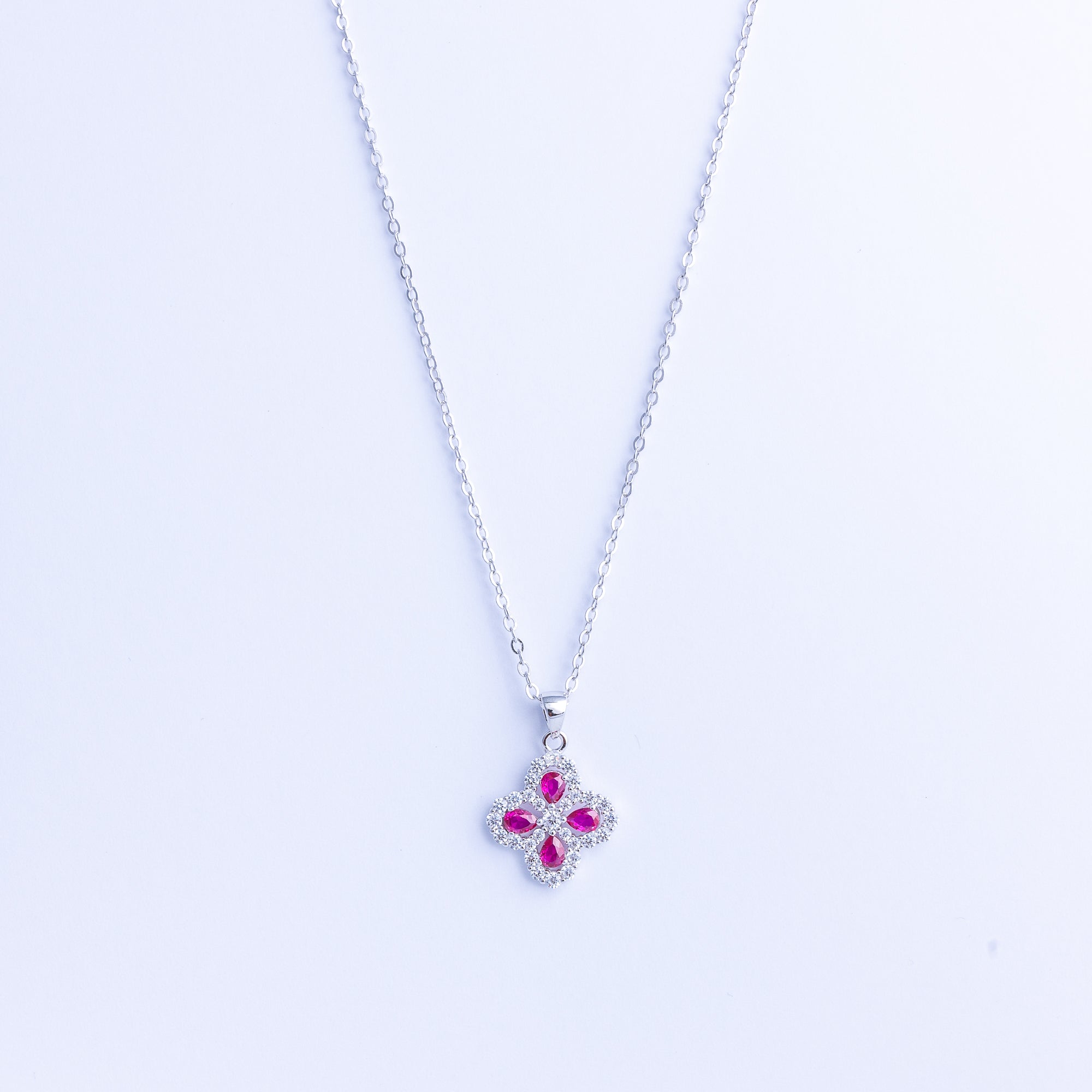 Clover | Silver Clover Necklace with Red & White Zirconia