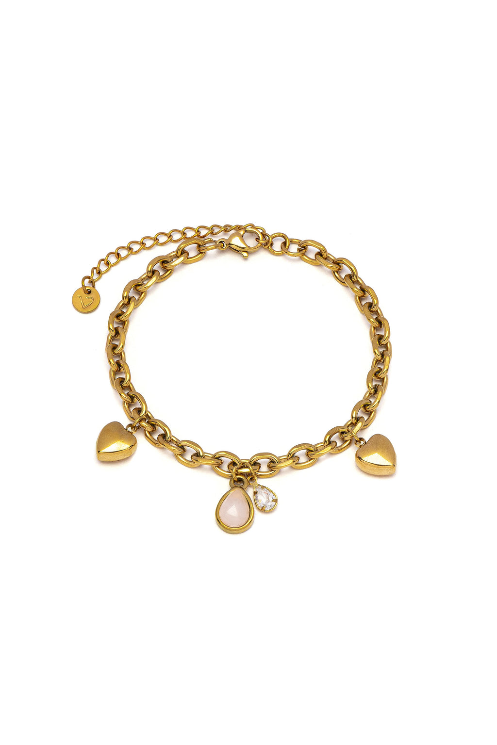 Vestopazzo Bracelet Hearts And Pink Stone - Bracelets in Kuwait | سوار مطلي بالذهب بتعليقة قلوب وحجر وردي وزركون - Saya