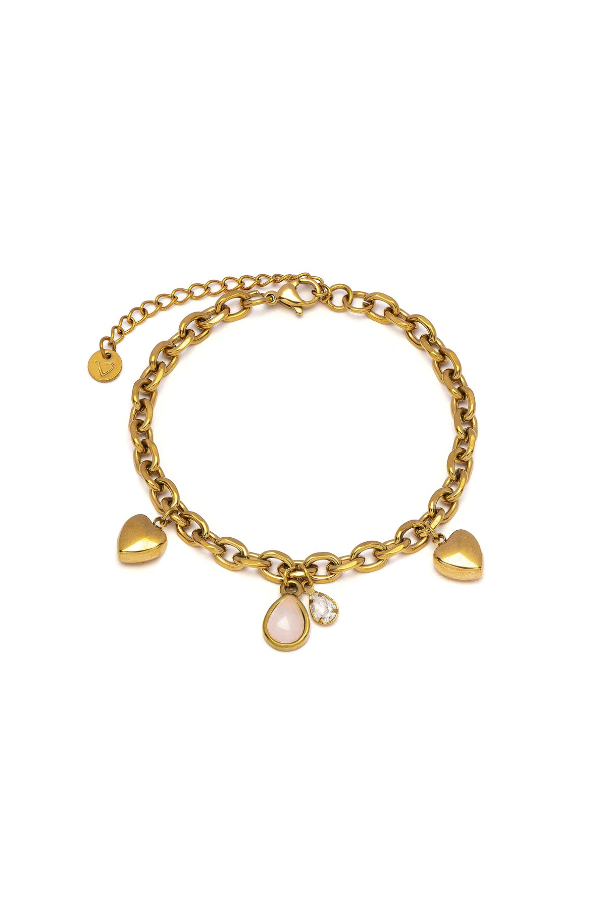 Vestopazzo Bracelet Hearts And Pink Stone - Bracelets in Kuwait | سوار مطلي بالذهب بتعليقة قلوب وحجر وردي وزركون - Saya