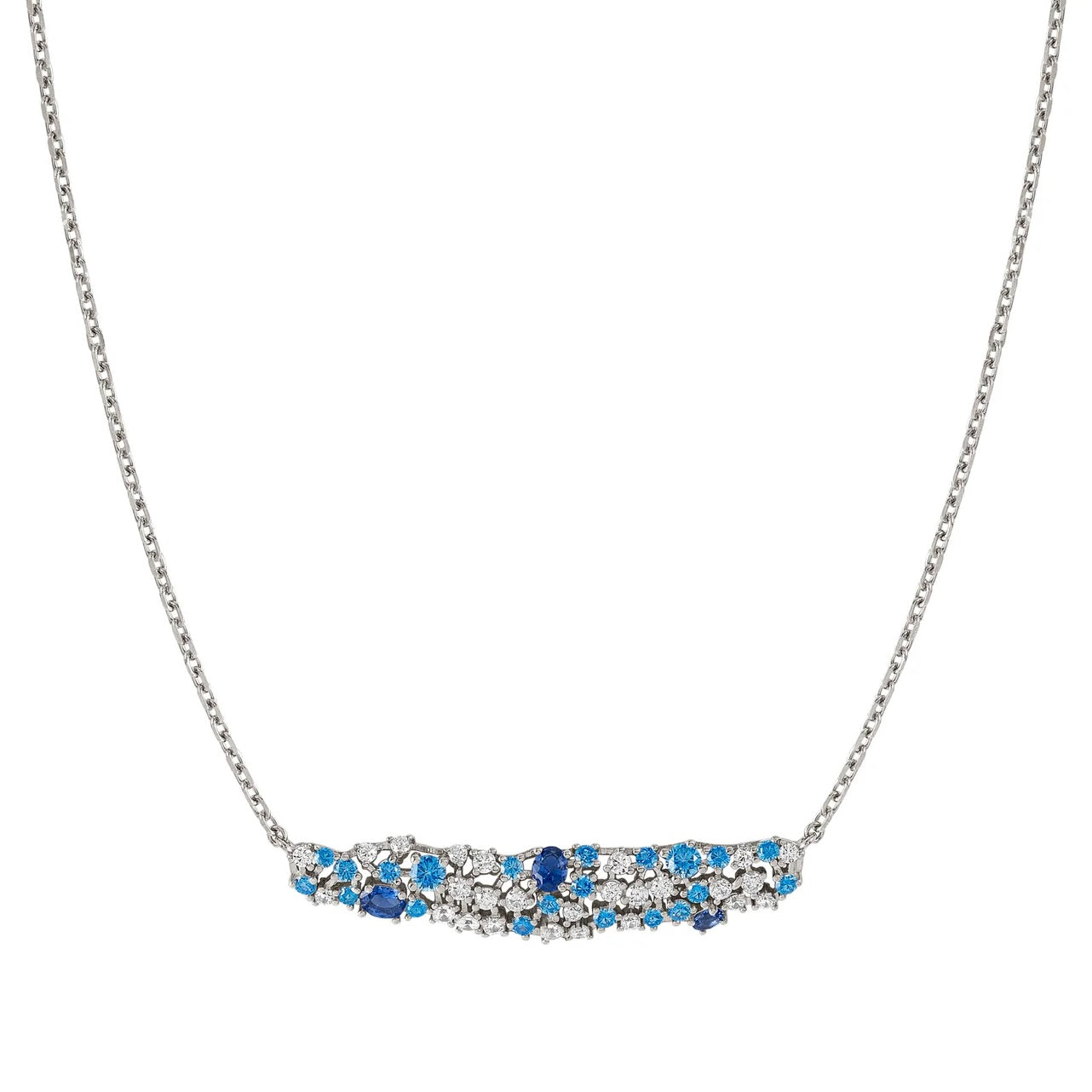 MOSAICA NECKLACE SILVER, WHITE & BLUE CZ CLUSTER