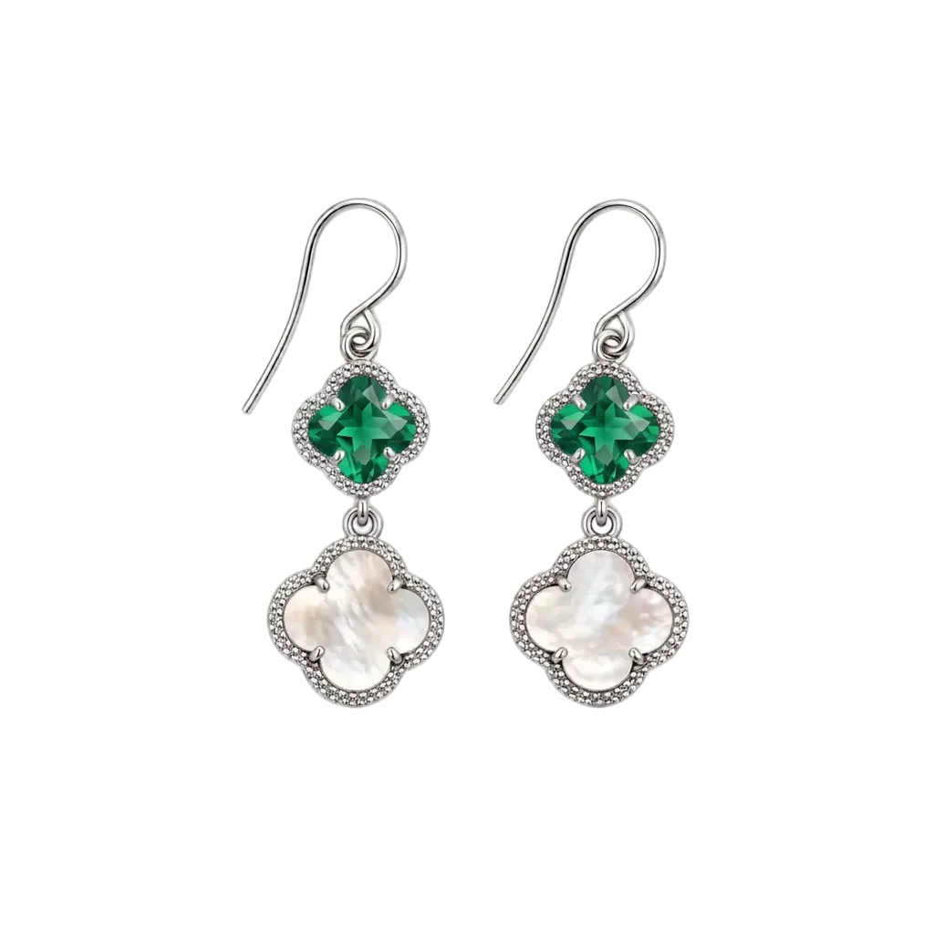 Moriconi Clover | Earrings Green Quartz with Mother of Pearl - Earrings in Kuwait | أقراط كلوفر متدلية من الفضة عيار