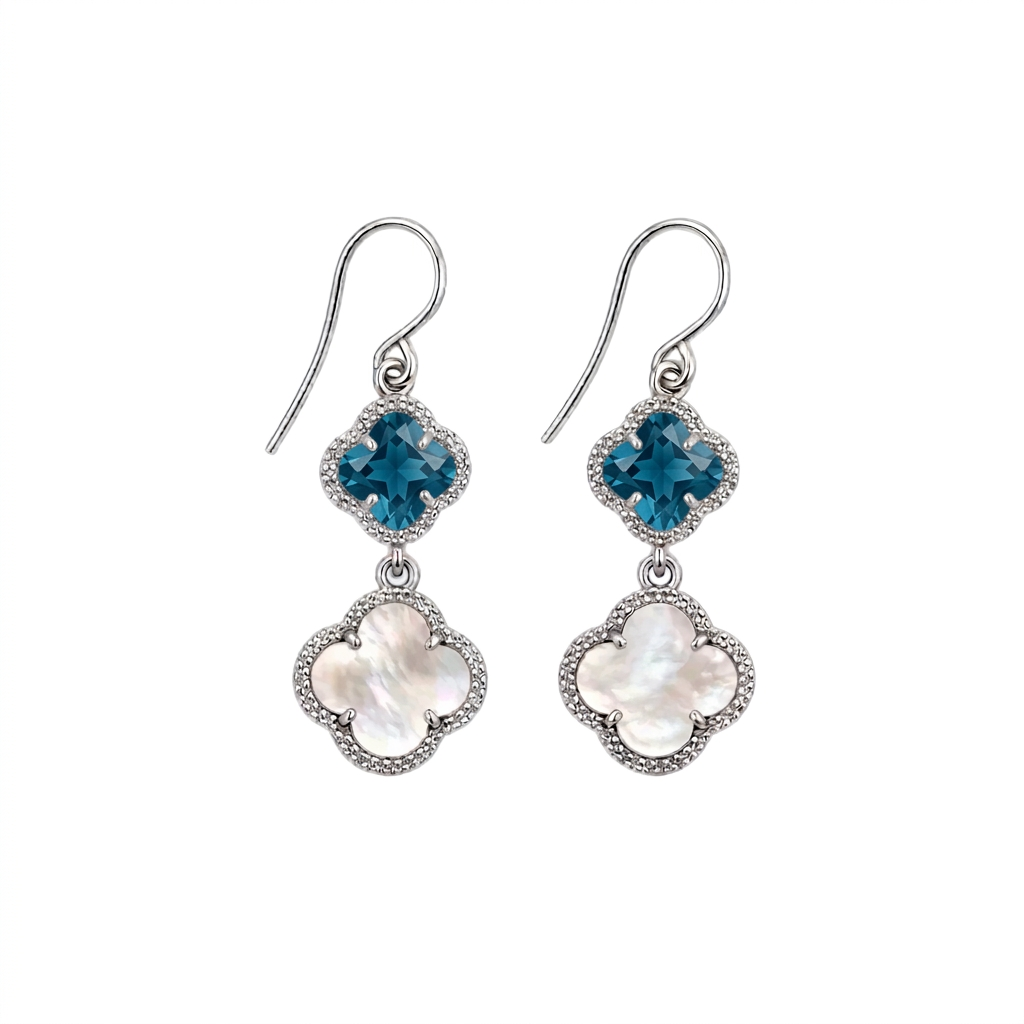 Moriconi Clover | Earrings Blue Quartz with Mother of Pearl - Earrings in Kuwait | أقراط كلوفر متدلية من الفضة عيار 925