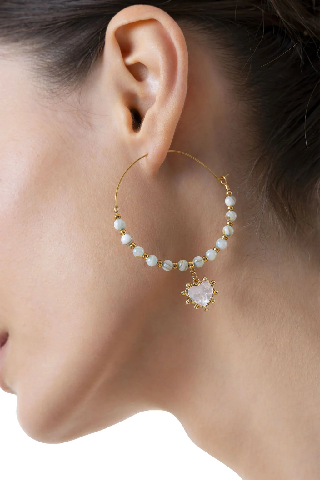 MOTHER-OF-PEARL HEART HOOP EARRINGS
