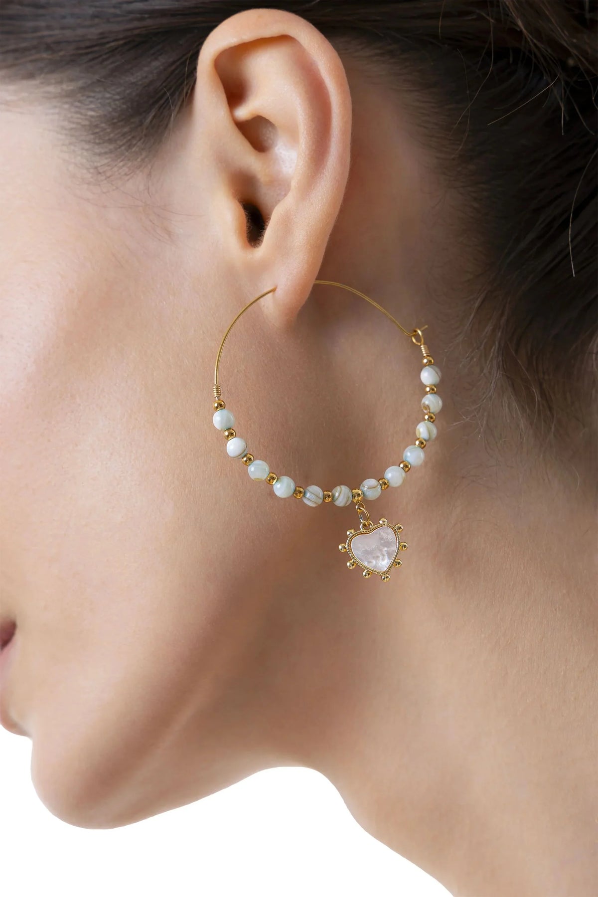 MOTHER-OF-PEARL HEART HOOP EARRINGS
