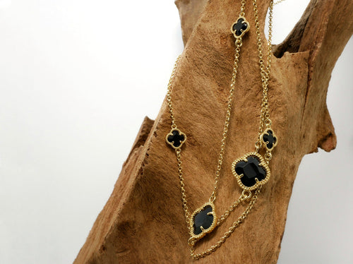 Clover long necklace with black quartz
