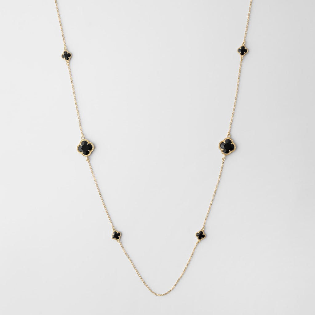 Clover long necklace with black quartz