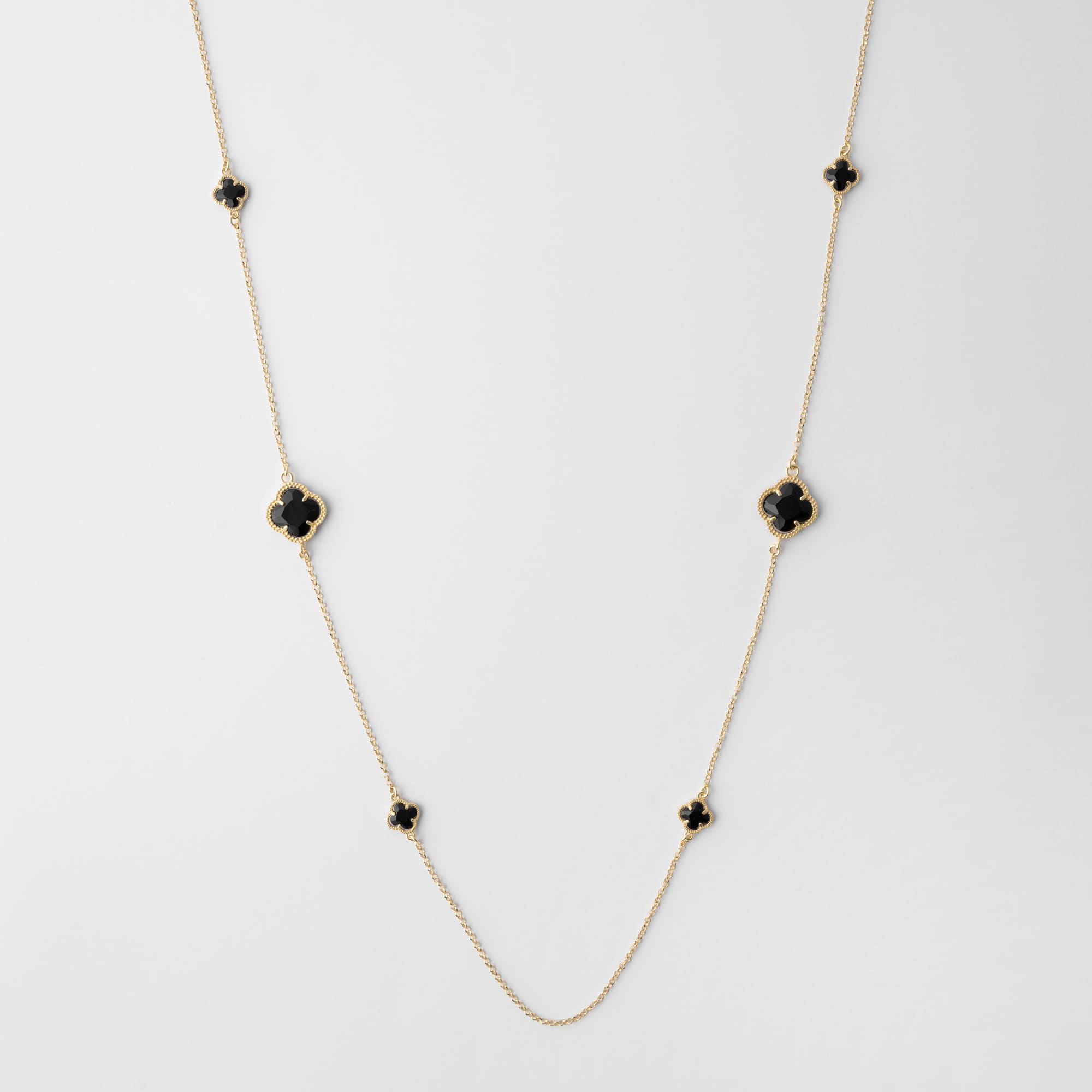 Clover long necklace with black quartz