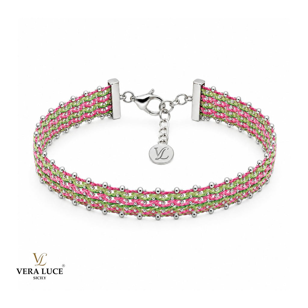 Vera Luce Hand Made in Italy 925 Sterling Silver Pink and Green Woven Bracelet