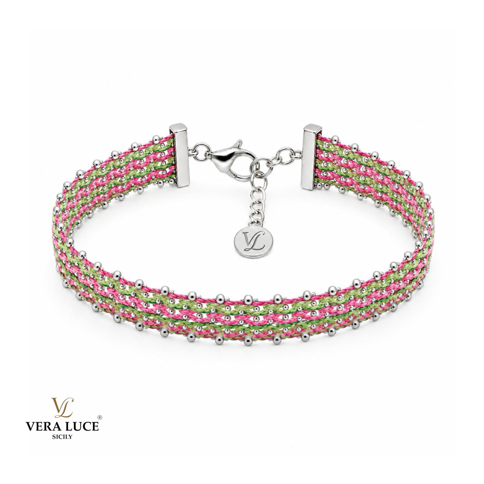 Vera Luce Hand Made in Italy 925 Sterling Silver Pink and Green Woven Bracelet