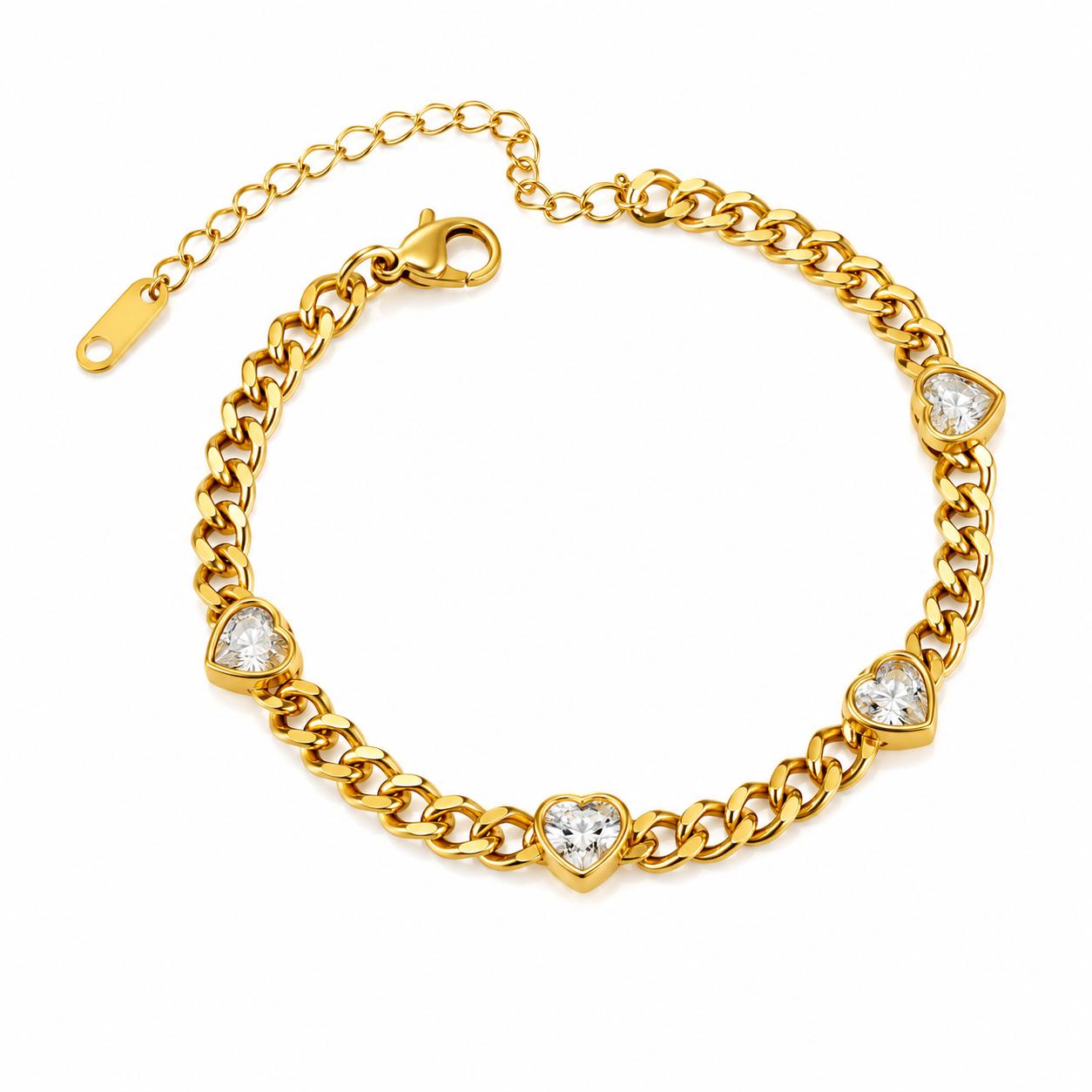 Vera Luce Gold Stainless Steel Heart CZ Chain Bracelet