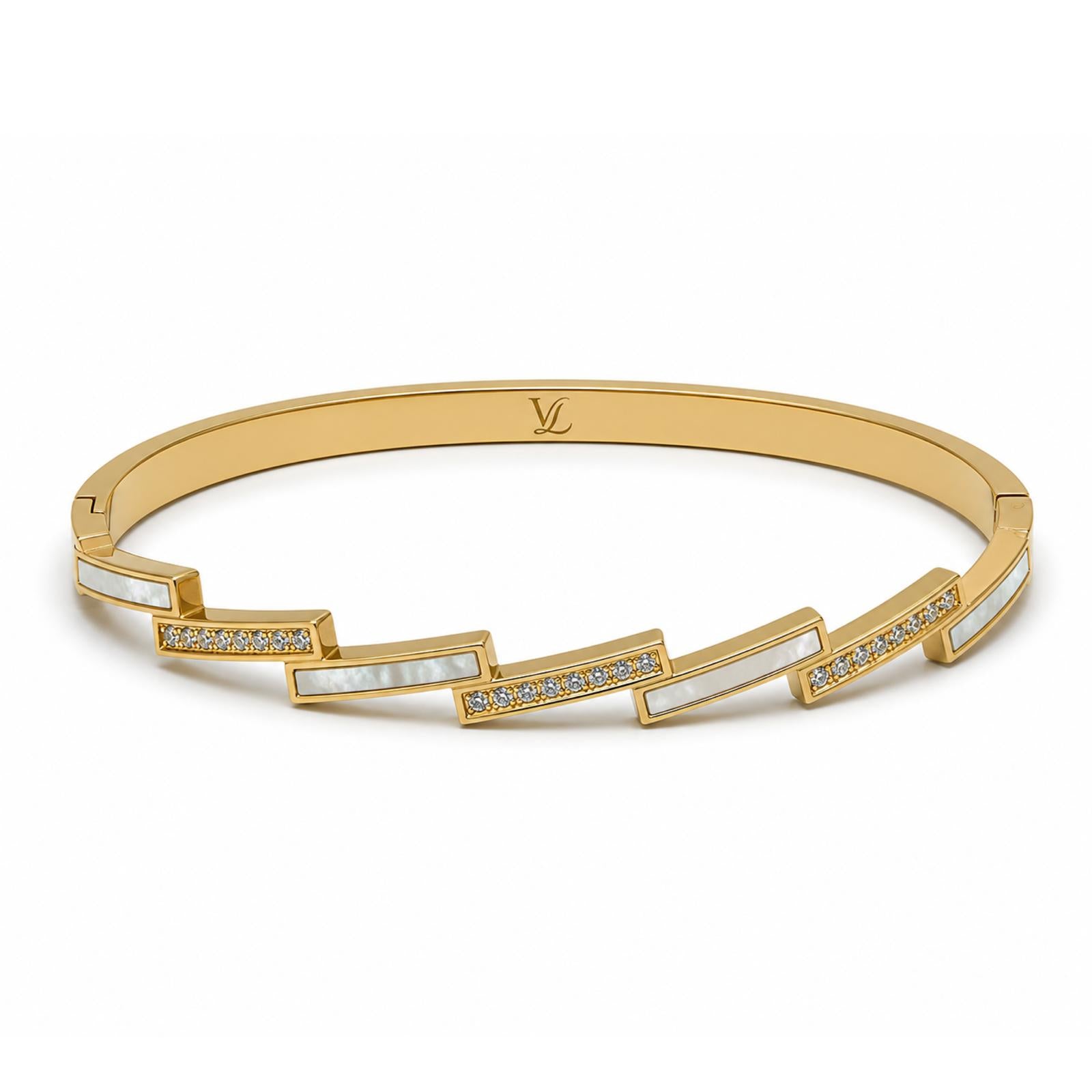 Vera Luce Geometric Gold Stainless Steel Bangle with Cubic Zirconia