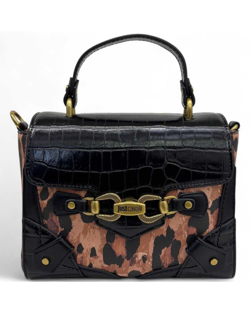 Just Cavalli Top Handle Bag Black-Spotted - Top Handle Bags in Kuwait | حقيبة يد بمقبض علوي وحزام كروس بنقشة مرقطة