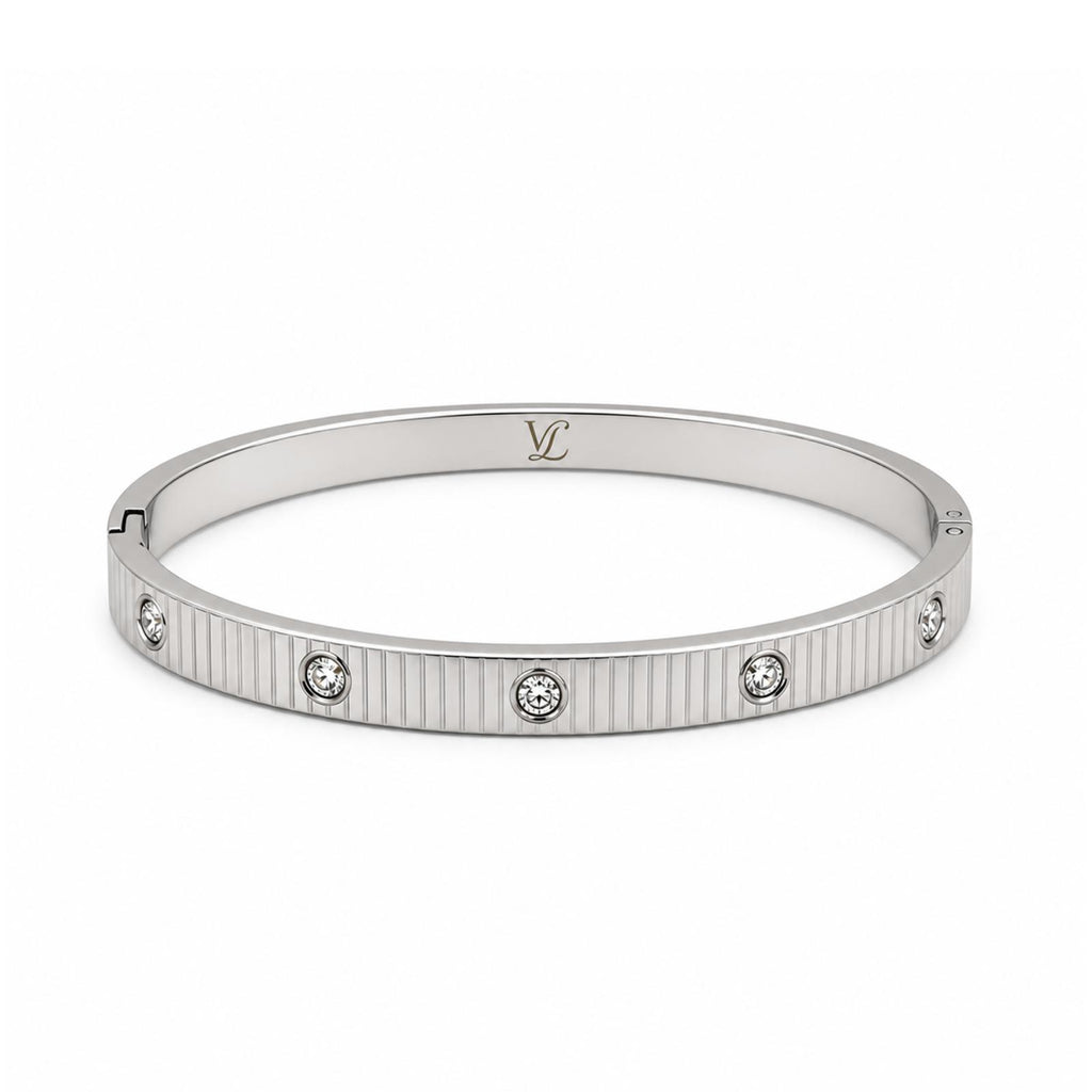 Vera Luce Classic Ribbed Silver Stainless Steel Bracelet with Cubic Zirconia