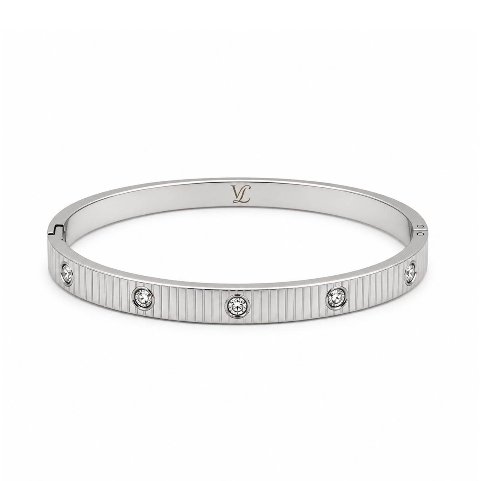 Vera Luce Classic Ribbed Silver Stainless Steel Bracelet with Cubic Zirconia