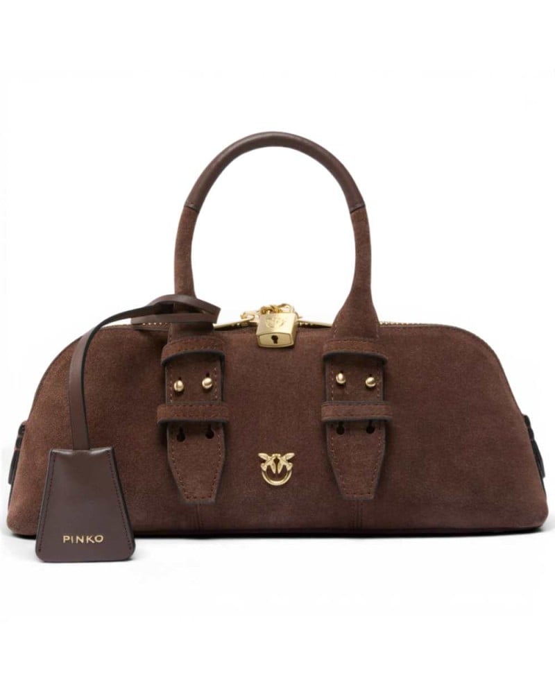 PINKO Bowling Bag Horizontal Suede Cuoio Brown - Bowling Bags in Kuwait | حقيبة يد بولينغ أفقية من الجلد السويدي البني
