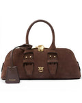 PINKO Bowling Bag Horizontal Suede Cuoio Brown - Bowling Bags in Kuwait | حقيبة يد بولينغ أفقية من الجلد السويدي البني