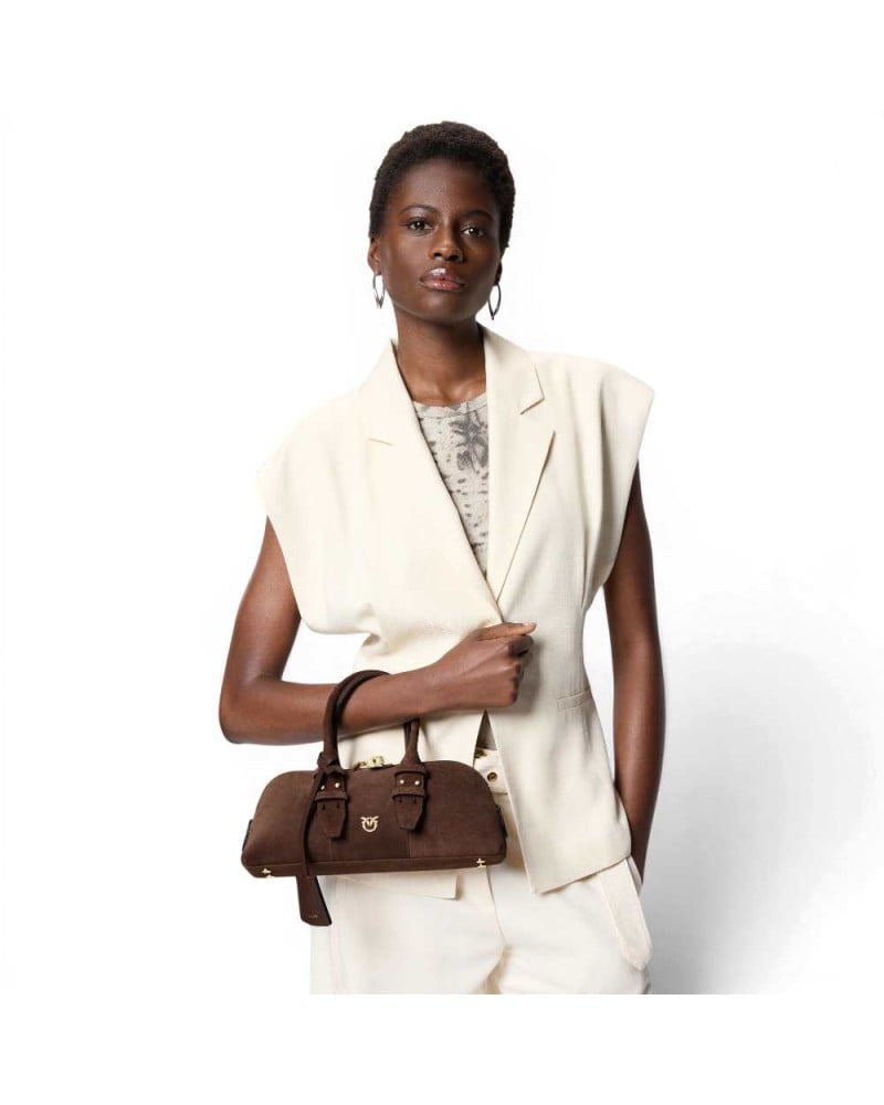 PINKO - Bowling Bag Horizontal Suede Cuoio Brown